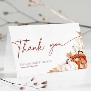Téléchargement gratuit de cartes de remerciement pour la douche nuptiale, motif de remerciement citrouille imprimable, feuilles d'automne modernes modèle modifiable fête de bébé, CH63