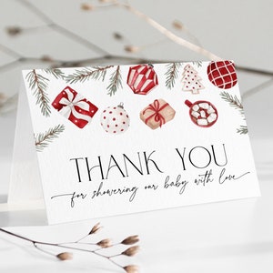 Carte de remerciement biscuit de Noël pour baby shower, mot rouge joyeux petit bébé, saupoudrage modifiable Winter Wonderland, boule neutre sexiste, CH73