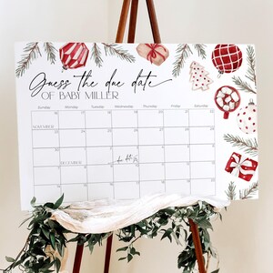 Póster de calendario para adivinar la fecha de parto, adornos navideños rojos, letrero para baby shower de género neutro, pancarta de predicción de cumpleaños para recién nacidos, CH73
