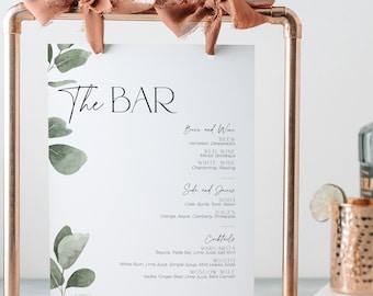 Letrero de cóctel con menú de barra de eucalipto para despedida de soltera, letrero de mesa de bebidas para bodas con vegetación, póster de té verde salvia botánica para la futura novia BS39