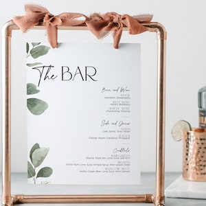 Eukalyptus Bar Menü Cocktail Schild Brautdusche, Greenery Hochzeit Drink Tisch Beschilderung, Botanischer Salbei grüner High Tea Braut-zu-sei Poster BS39
