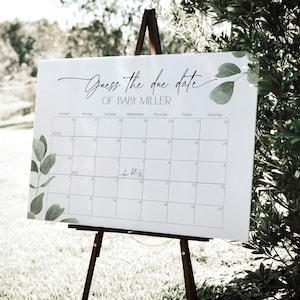Eukalyptus Errate das Fälligkeitsdatum Poster Kalender Spiel, Greenery Babyparty Zeichen, Grüne Blätter Geburtstagsvorhersage Banner, Party Decor, BB39