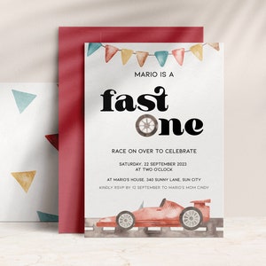 Race car 1st birthday invitation digital, editable fast one boy race car invite, racing car party 1 year old instant download, BK06