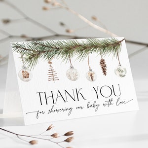 Carte de remerciement pour baby shower avec noeud de Noël, mot de remerciement douillet joyeux petit bébé, saupoudrage modifiable Winter Wonderland, boule neutre entre les sexes, CH72