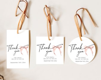 May include: Three wedding favor tags with a pink bow and the text "Thank you for making this day so special" with the date September 14th, 20xx. Two tags are rectangular and one is round.