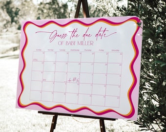 Pink Wavy Border Guess The Due Date Poster Calender Game, Baby Shower Sign, Modern Script Birthday Prediction Banner Girl Party Decor, BS36