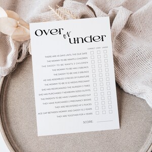 Jeux de baby shower superposés ou inférieurs à imprimer, anecdotes pour bébé, modèle minimaliste, carte d'activités de fête garçon moderne, sexe neutre, BB27
