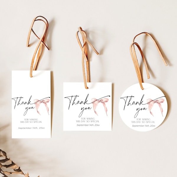 Pink Bow Thank You Tag Printable Download, She's Tying the Knot Bridal Shower Favor Bag Label, Ribbon Baby Party Gift, Engagement Event BS58