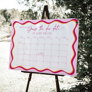 Póster con borde ondulado rosa para adivinar la fecha de parto, calendario, letrero para baby shower, pancarta moderna con predicción de cumpleaños, decoración para fiesta de niña, BS36