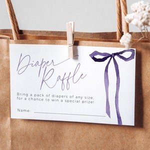 Paarse strik luier loterij ticket uitnodigen invoegen, bewerkbare coquette lila strooi PRINTBAAR, donkere meisje baby shower bijlage kaart, BB102
