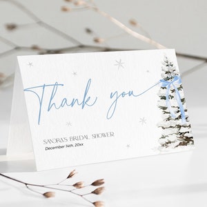 Carte de remerciement de Noël bleu quelque chose pour la douche nuptiale, faire le noeud Remerciements imprimable, modèle modifiable Coquette noeud hiver, CH77
