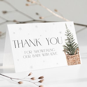Carte de remerciement pour la fête prénatale Un petit flocon de neige sur le chemin, note de cadeau joyeux petit bébé, saupoudrer Noël hiver pays des merveilles modifiable, CH75