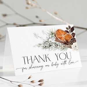 Carte de remerciement Noël baby shower, un joyeux petit bébé Remerciements, imprimable, modifiable hiver petite mignonne sur le chemin, saupoudrer, CH71