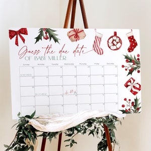 Errate das Fälligkeitsdatum Poster Kalender Spiel Rote Weihnachtsstrümpfe, geschlechtsneutrales Babypartyschild, Neugeborenen Geburtstagsvorhersagebanner, CH47