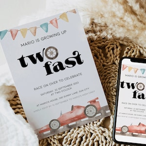 Raceauto 2e verjaardagsuitnodiging digitale, bewerkbare uitnodiging voor twee snelle jongens raceauto, racewagenfeest 2-jarige instant download, BK06