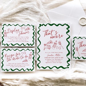 Invitation de douche nuptiale Thats Amore, faire-part de fiançailles pizza italienne bordure ondulée, modèle Positano sur le thème de l'Italie méditerranéenne, BS103
