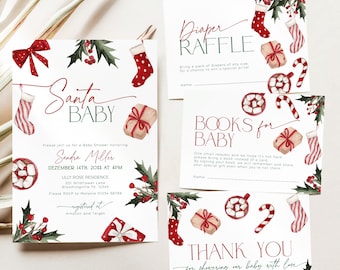 Christmas Baby Shower Invitation BUNDLE, Merry Little Mom-to-be Party Invite, Winter Wonderland Diaper Raffle Ticket, Cold Book Request CH47