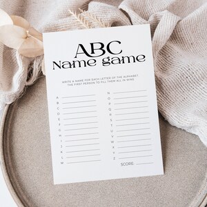 Jeux de baby shower imprimables ABC noms de bébé minimalistes, modernes pour garçon ou fille, activité de fête minimaliste pour nouveau-né neutre entre les sexes, devinette, BB27