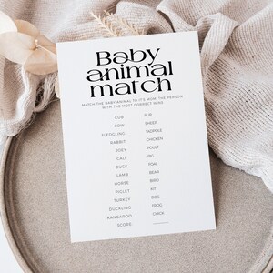 Jeux de baby shower amusants et faciles à imprimer pour bébé animal avec corrigé, activité minimaliste et moderne pour une fête entre garçons et filles, sexe neutre, BB27