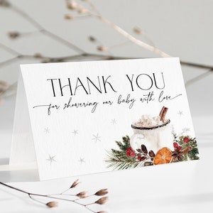 Carte de remerciement pour baby shower biscuits et cacao, un joyeux petit Noël pour bébé, note de remerciement imprimable, modifiable, saupoudrer le pays des merveilles de l'hiver, CH70