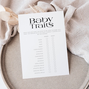 Baby Shower Spiele Mama oder Papa Baby Eigenschaften DRUCKBAR Minimal, moderne Gender Reveal Party, minimalistische Sip und See Aktivität, Junge oder Mädchen, BB27