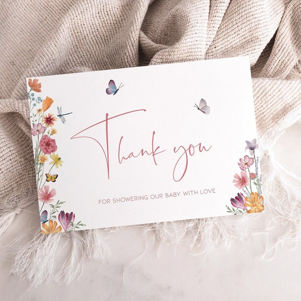 Thank You Card Baby in Bloom Girls Folded, Floral Baby Shower Thank You Card Digital, Wildflower Butterfly Summer Printable Template, BB12