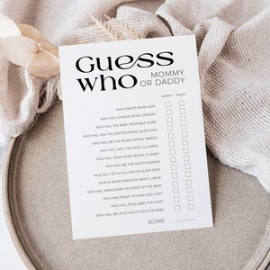 Raad eens wie het zei mama of papa AFDRUKBAAR babyshowerspel minimalistisch, modern gender Reveal-feest, minimale neutrale activiteit voor jongen of meisje, BB27