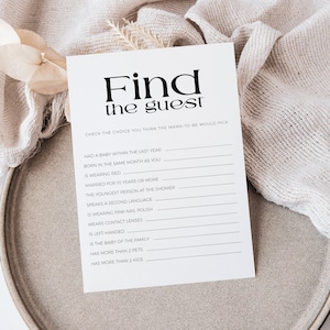 Juegos divertidos y fáciles para baby shower: Encuentra al invitado, imprimible, minimalista, moderno, para revelar el género, actividad minimalista para ver y beber, niño o niña, BB27
