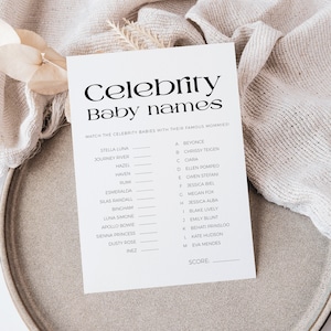 Juegos para baby shower imprimibles con respuestas, nombres de bebés famosos, tarjeta de predicciones para bebés, fiesta moderna de revelación de género, actividad de sorber y ver BB27