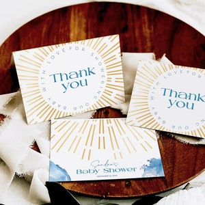 Aquí viene el hijo, nota de agradecimiento para baby shower, plantilla de sol boho, tarjeta de agradecimiento de sol retro editable para invitados, tarjeta Sprinkle para niño, BB29