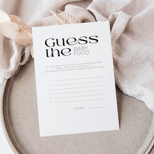Jeu de douche devinez le pot de nourriture pour bébé à imprimer, carte de questions-réponses en verre pour bébé neutre, fête de révélation de genre moderne, activité à siroter minimale et voir BB27