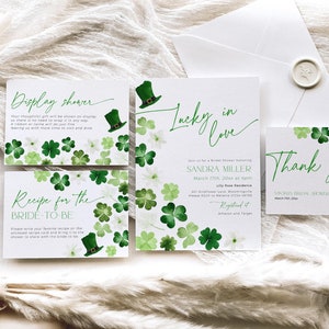 Pacote de convites para chá de panela do Dia de São Patrício, convite para despedida de solteira Lucky in Love Clover March, modelo de trevo verde editável, CH101