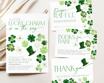 May include: A green and white baby shower invitation with shamrocks and a leprechaun hat. The invitation says "A Little Lucky Charm is on the way" and includes the name Sandra Miller, the date March 17th, 20xx at 4pm, and the location Lilly Rose Residence. There are also three additional cards for a diaper raffle, a book request, and a thank you.