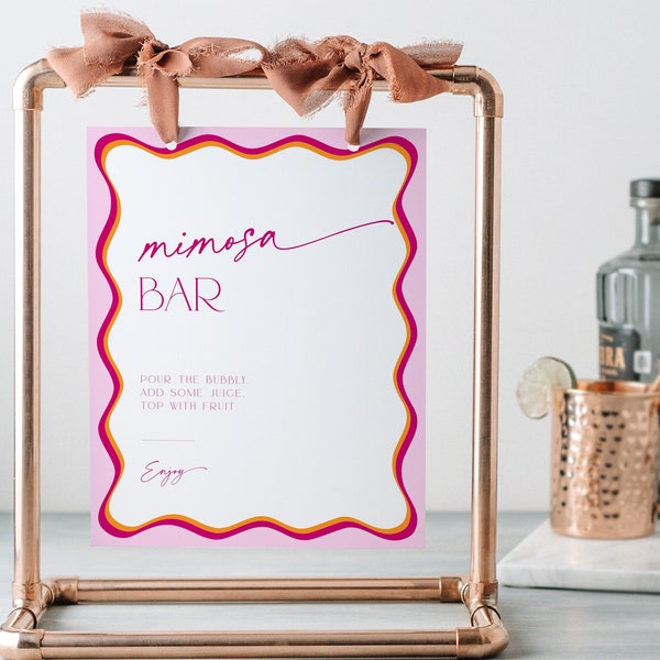 Mimosa Bar Sign Wavy Border Bridal Shower, Modern Pink Bach Party Drinks Signage, Colorful Baby Banner, Bright Fuchsia Buffet Poster, BS36