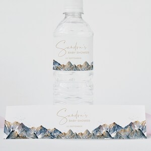 Water Bottle Label Mountain INSTANT DOWNLOAD, Adventure Awaits Baby Shower Decoration PRINTABLE Forest, National Park Party Dusty Blue, BB21