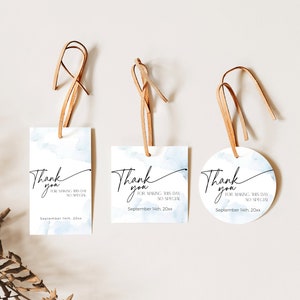 May include: Three wedding favor tags with blue watercolor designs and the text "Thank you for making this day so special" and the date "September 14th, 20xx".