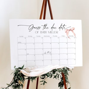 Juego de calendario con póster de adivinanza de fecha de parto con lazo rosa ruborizado, letrero de cinta para baby shower, predicción de cumpleaños para niña coqueta, decoración para fiesta de recién nacida BB58