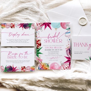 May include: A set of four printable cards for a bridal shower. The cards feature a watercolor illustration of colorful ornaments with a pink, red, and green color scheme. The text on the cards reads "Display Shower", "Recipe for the Bride-to-Be", "Bridal Shower", and "Thank You".