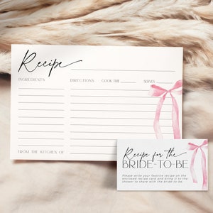 Sie bindet den Knoten Brautdusche Rezeptkartenvorlage, rosa Schleifenrezept für die Braut, bearbeitbares Coquette Blush Ribbon Bachelorette, BS88