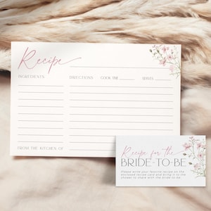 Modelo de cartão de receita de flores silvestres Conjunto de chá de panela, inserção editável Love is in Bloom Bachelorette, Blush Pink Garden Floral Printable, BS90