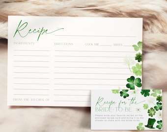 Green St Patricks Day Recipe Card Template, Irish Bridal Shower Invitation Set, Editable Lucky in Love Bachelorette Four Leave Clover, CH101