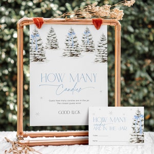 Blue Bow Quante caramelle ci sono nel barattolo Cartello e set di biglietti STAMPA, modificabile Coquette Winter Wonderland Ribbon Baby Shower Game Boy, CH77