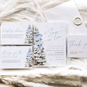 Faire-part de douche nuptiale de Noël avec un noeud bleu, paquet d'hiver nouez le noeud, carte de recette de modèle d'invitation de mariage, cadeau déballé, CH77