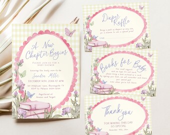 May include: A set of baby shower invitations and cards with a floral and butterfly theme. The main invitation reads "A New Chapter Begins." Other cards include "Diaper Raffle," "Books for Baby," and "Thank You." The design features pink and purple accents.