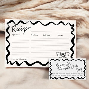 Carte de recette dessinée à la main Shes attachant le noeud pour la mariée, douche nuptiale avec noeud noir bordure ondulée, bachelorette fantaisiste de ruban, BS100