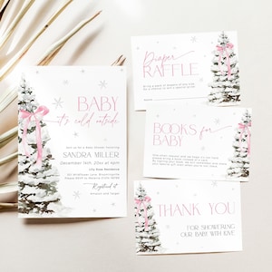 May include: A set of baby shower invitations with a winter theme. The invitations feature a watercolor illustration of a snowy pine tree with a pink ribbon. The text on the invitations reads "Baby It's Cold Outside" and includes the name "Sandra Miller" and the date "December 14th, 20xx at 4pm".