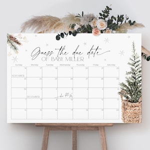 Errate das Fälligkeitsdatum Poster Kalender Spiel Weihnachtsbaum, Schneeflocke Babyparty Zeichen, Neutral Winter Wunderland Geburtstagsvorhersage Junge, CH75