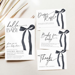 Black bow baby shower invitation bundle with printable and digital invitation, diaper raffle ticket,books for baby request and thank you note
