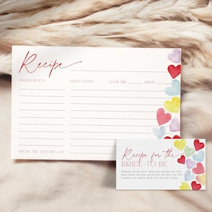 Modelo de cartão de receita de corações retrô para o dia dos namorados, conjunto de chá de panela, convite colorido editável Love is in the Air, inserção de despedida de solteira, CH86
