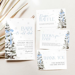 May include: A baby shower invitation with a winter theme. The invitation features a blue and white watercolor illustration of a pine tree with a blue bow. The text on the invitation reads "Baby it's cold outside" and includes the name "Sandra Miller" and the date and time of the shower. The invitation also includes information about the location of the shower and where to register for gifts.